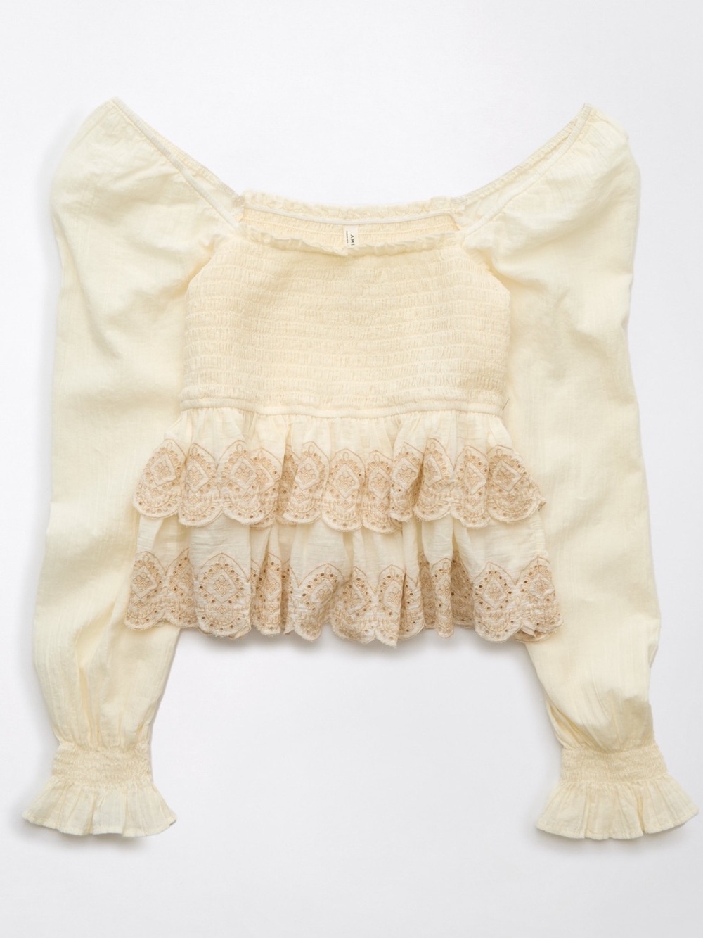 American Eagle Cream Smocked Peplum Long-Sleeve Women's Top - Size L